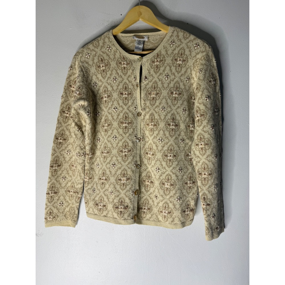 Vintage Talbots floral 3D print button cardigan sweater tan grandma core M